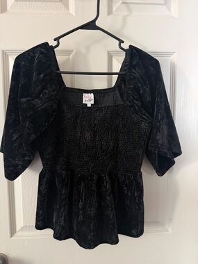 Belle Du Jour Black Velvet Smocked Peplum Blouse